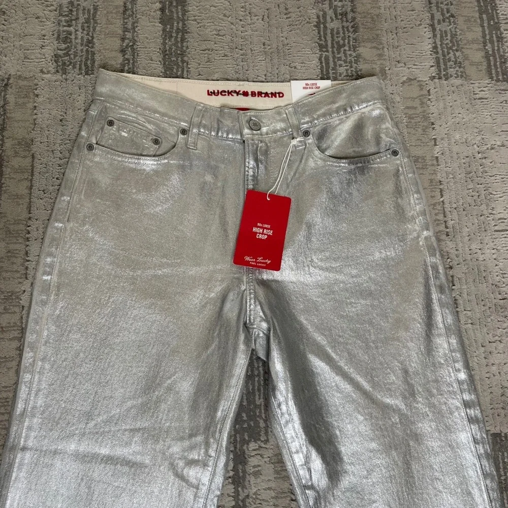 NEW Lucky Brand 90s Loose High Rise Crop Metallic Silver‎ Stretch Jeans 6/28